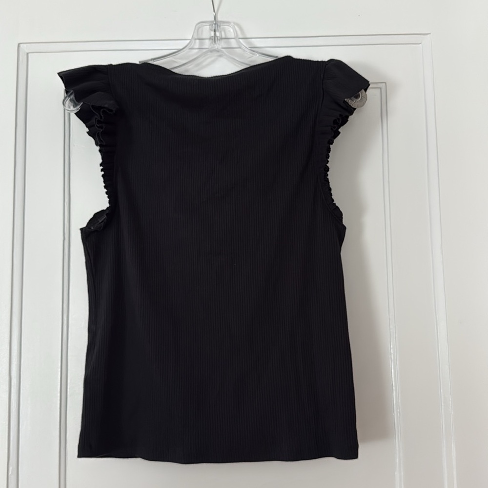 J.Crew Black Ribbed Top Medium Ruffle Sleeve Stretch Work Office Blouse M - Picture 5 of 5